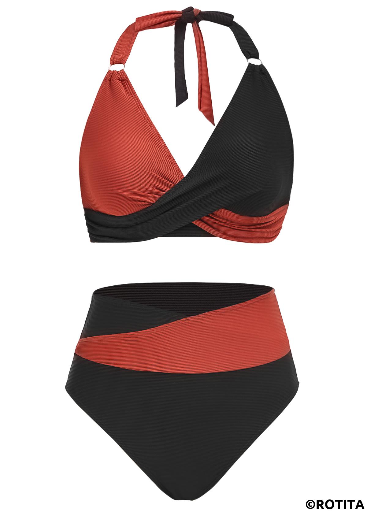 Dark Coffee swimwear,Black swimwear,Contrast Color swimwear,ROTITA Patchwork Dark Coffee Mid Waisted Bikini Set