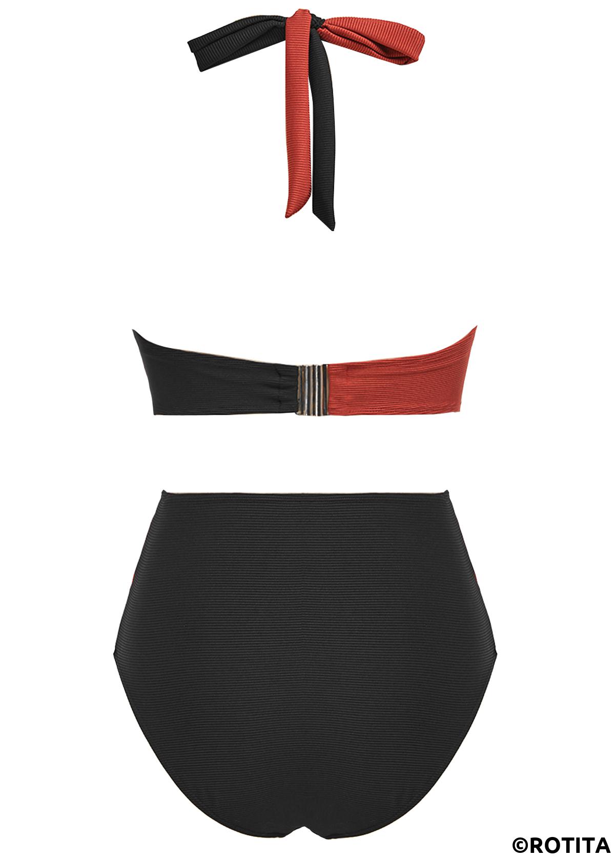 Dark Coffee swimwear,Black swimwear,Contrast Color swimwear,ROTITA Patchwork Dark Coffee Mid Waisted Bikini Set