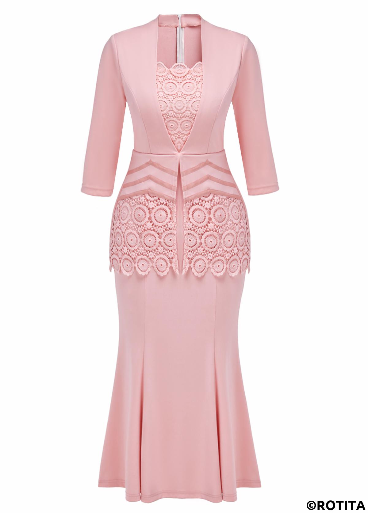 Pink dresses,Plain Color dresses,Party dresses,Elegant dresses,ROTITA Fake 2in1 Pink Square Neck 3/4 Sleeve Bodycon Dress