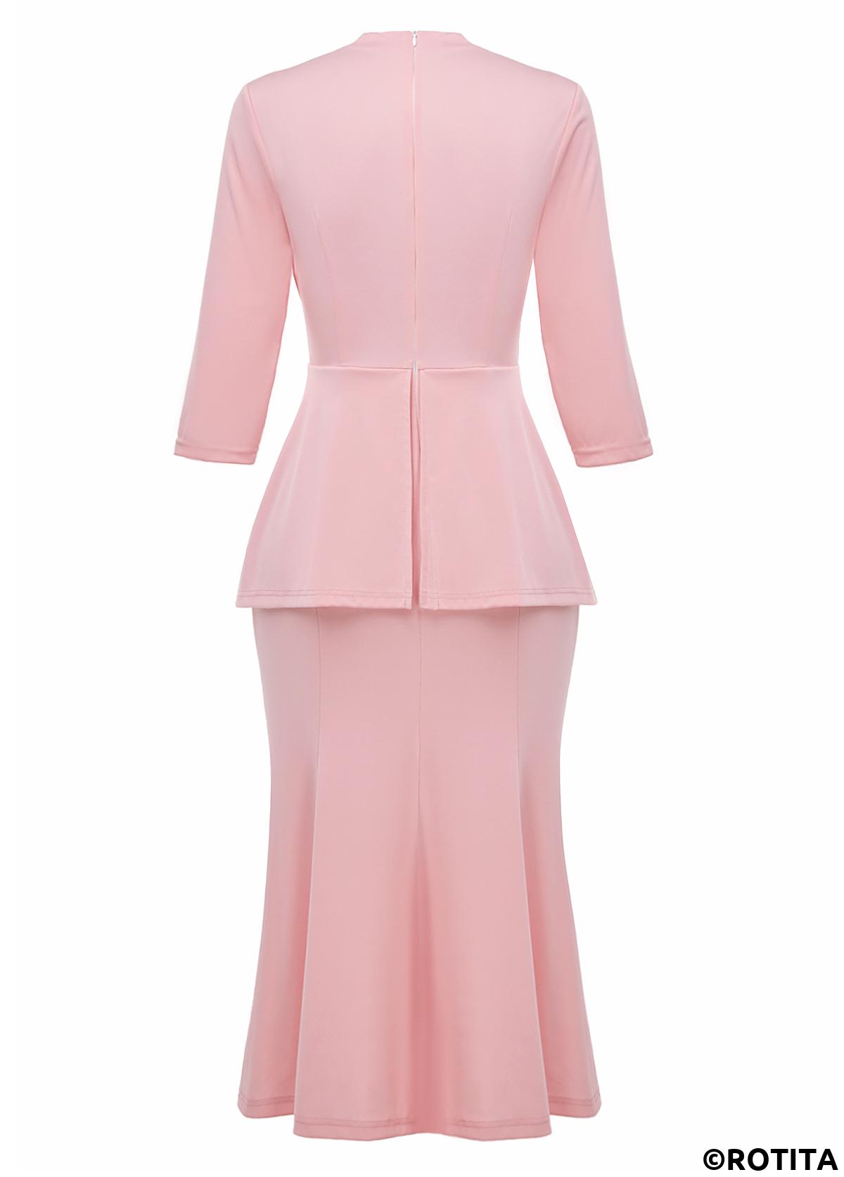 Pink dresses,Plain Color dresses,Party dresses,Elegant dresses,ROTITA Fake 2in1 Pink Square Neck 3/4 Sleeve Bodycon Dress