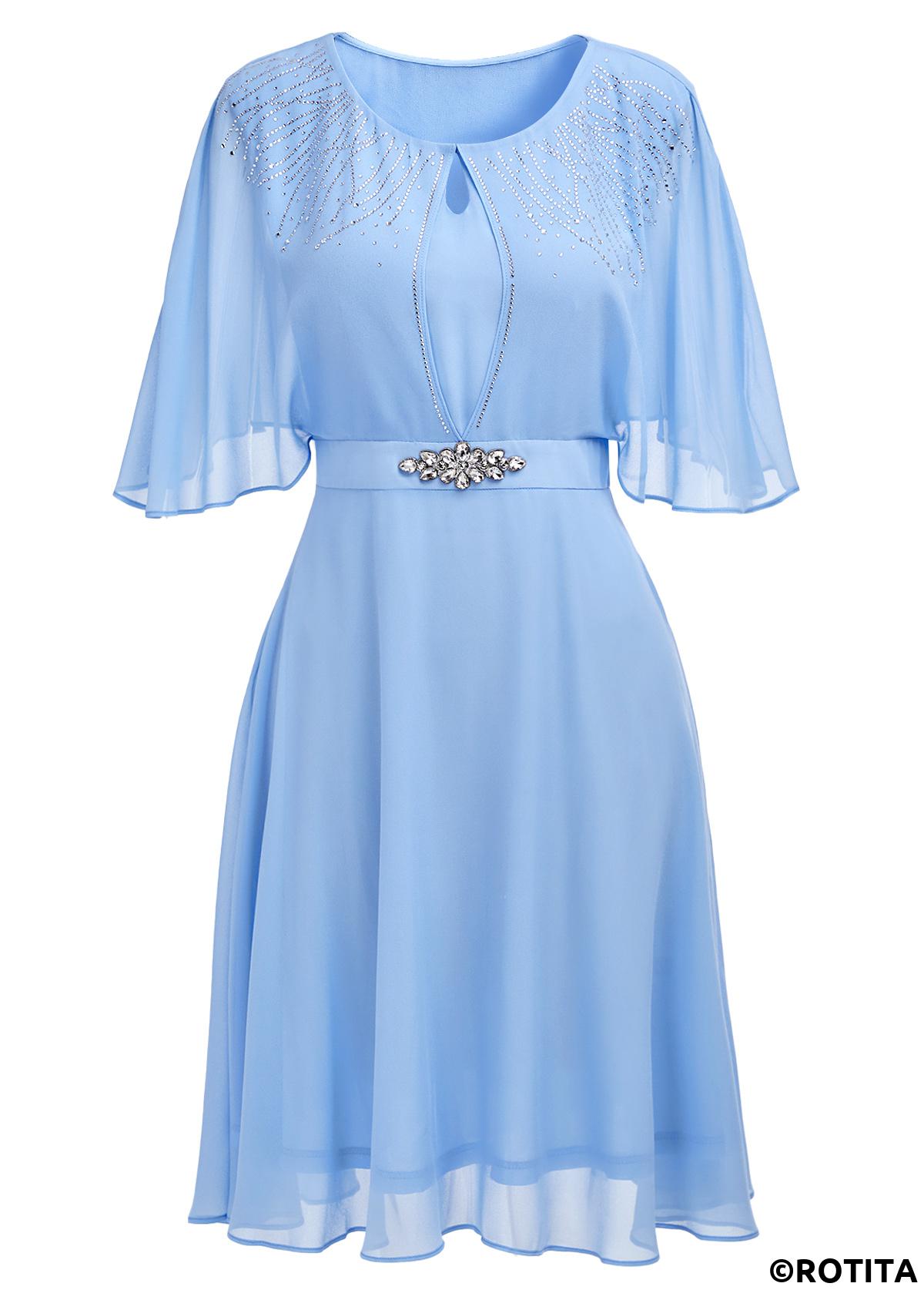 Light Blue dresses,Plain Color dresses,Party dresses,Elegant dresses,ROTITA Hot Drilling Light Blue Round Neck 3/4 Sleeve Dress