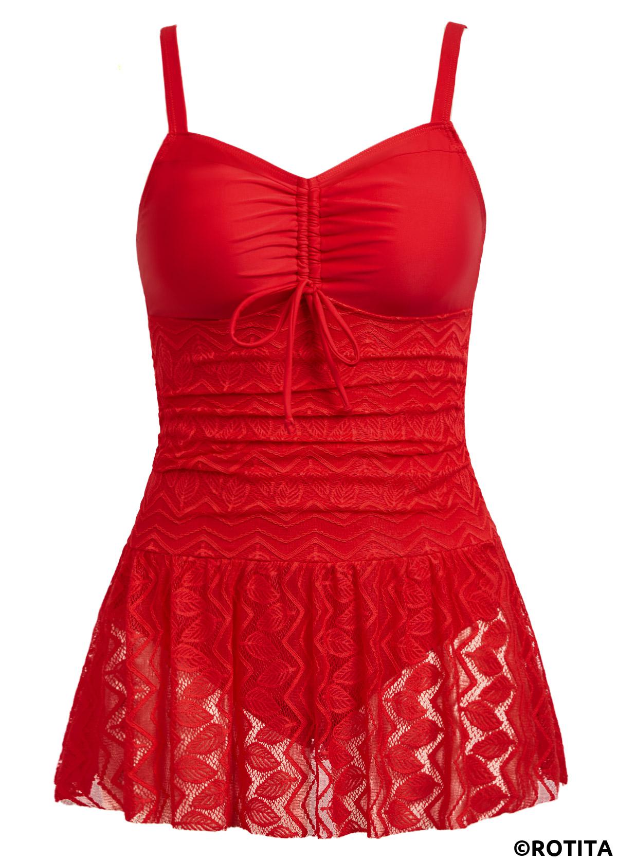 Red swimwear,Plain Color swimwear,ROTITA Lace Red Ruched One Piece Swimwear