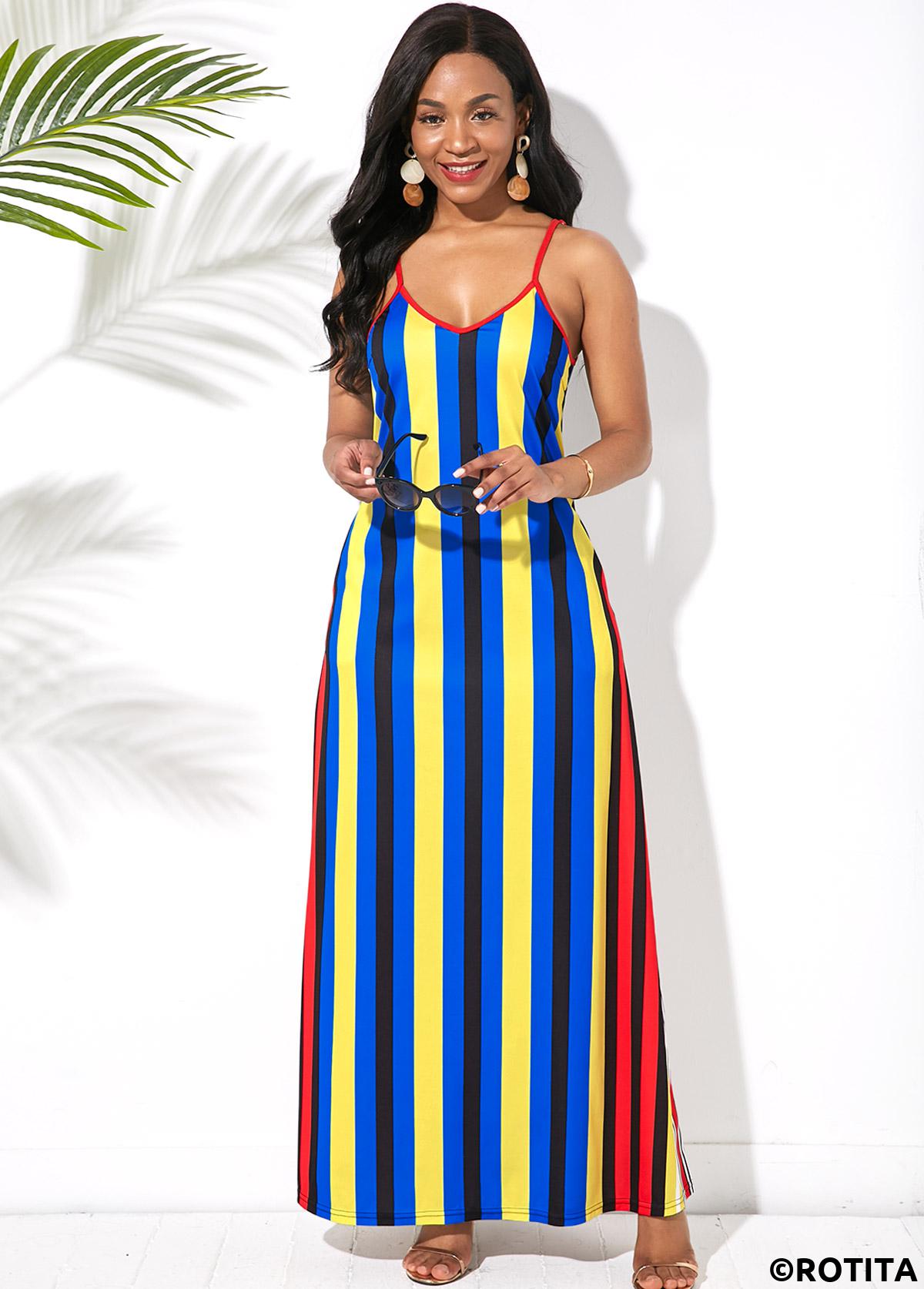 Blue dresses,Striped dresses,Vacation dresses,Vacation dresses,ROTITA Multi Stripe Side Pocket Spaghetti Strap Maxi Dress