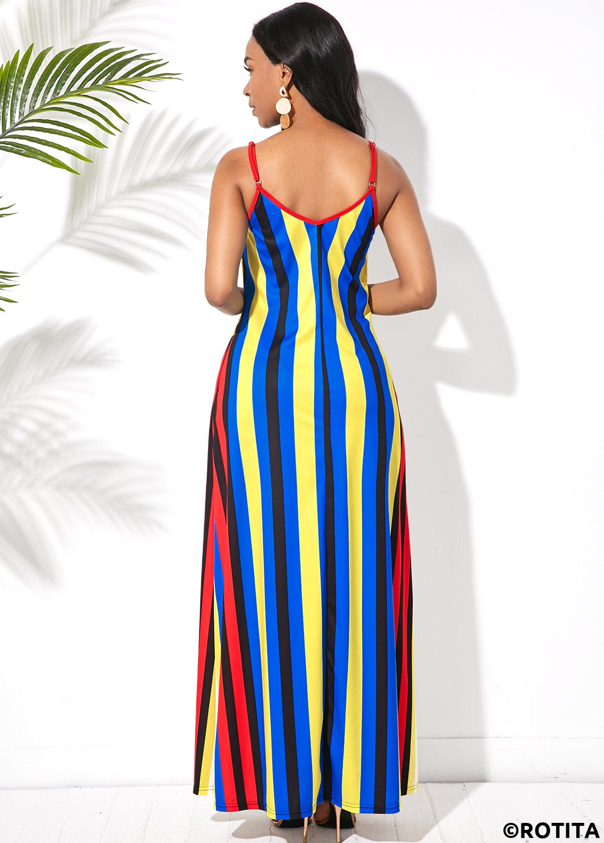 Blue dresses,Striped dresses,Vacation dresses,Vacation dresses,ROTITA Multi Stripe Side Pocket Spaghetti Strap Maxi Dress
