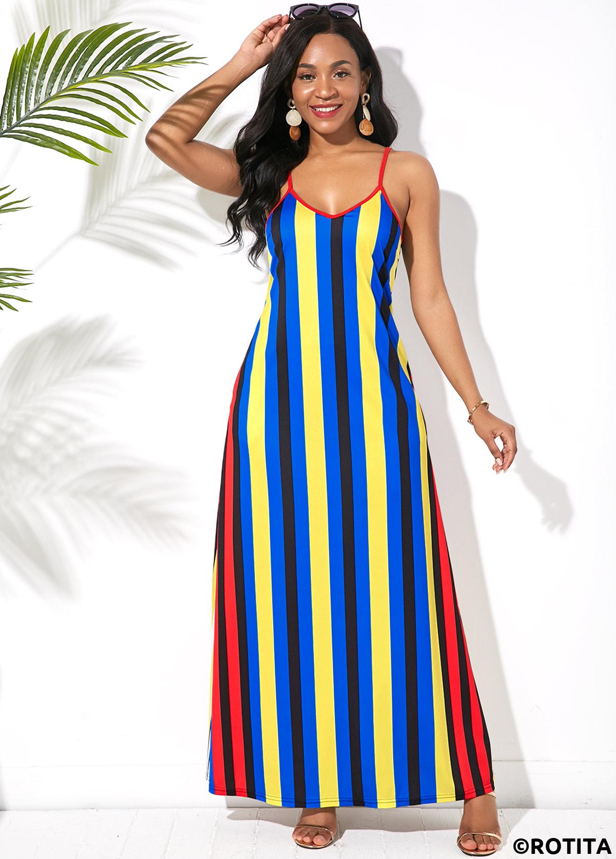 Blue dresses,Striped dresses,Vacation dresses,Vacation dresses,ROTITA Multi Stripe Side Pocket Spaghetti Strap Maxi Dress