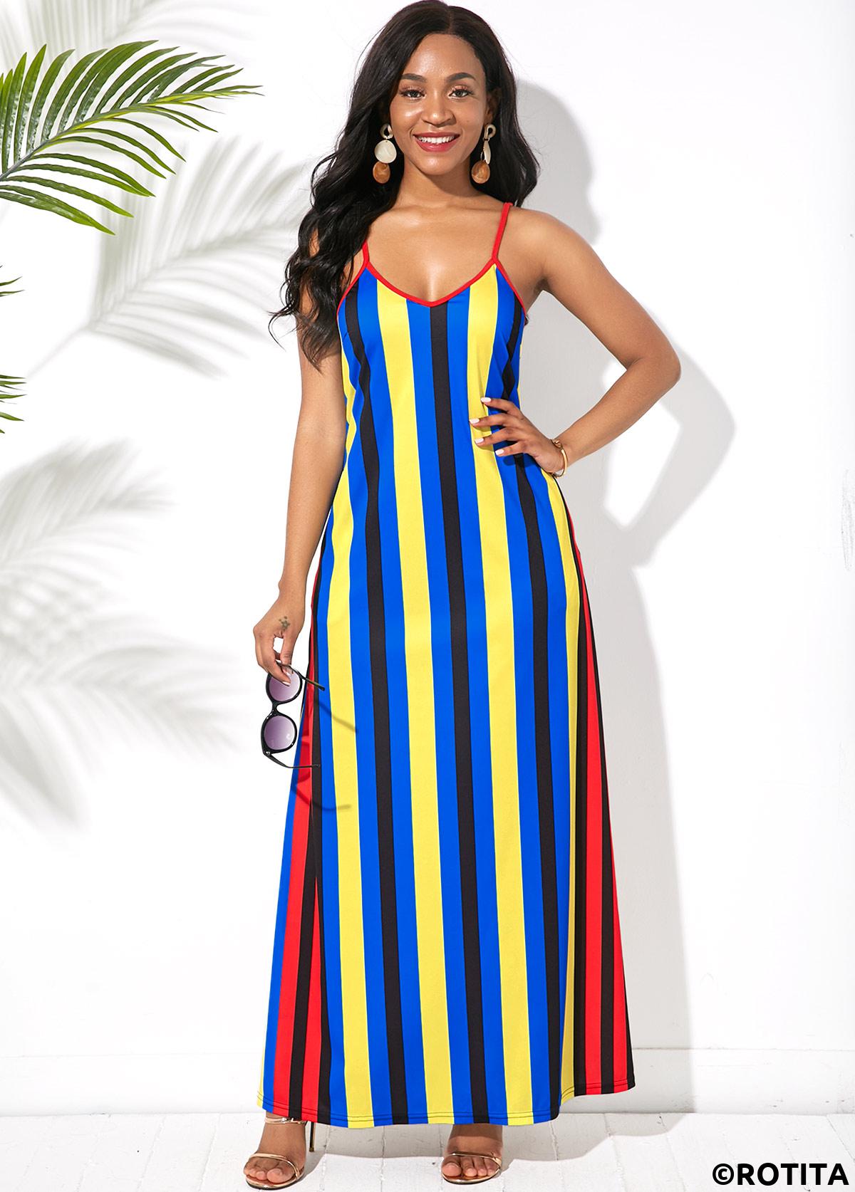 Blue dresses,Striped dresses,Vacation dresses,Vacation dresses,ROTITA Multi Stripe Side Pocket Spaghetti Strap Maxi Dress