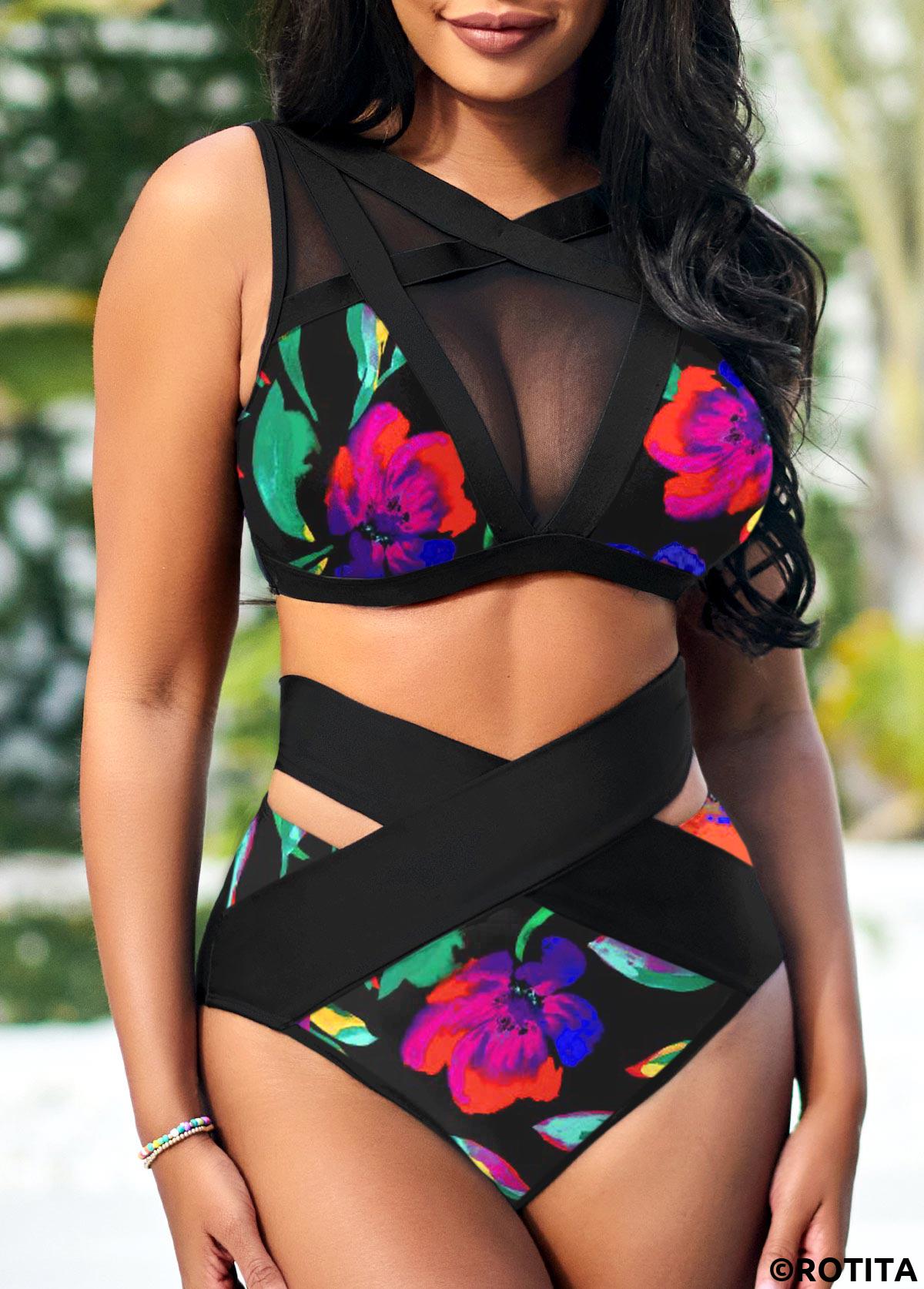Multi Color swimwear,Floral swimwear,ROTITA Floral Print Mesh Stitching High Waisted Bikini Set