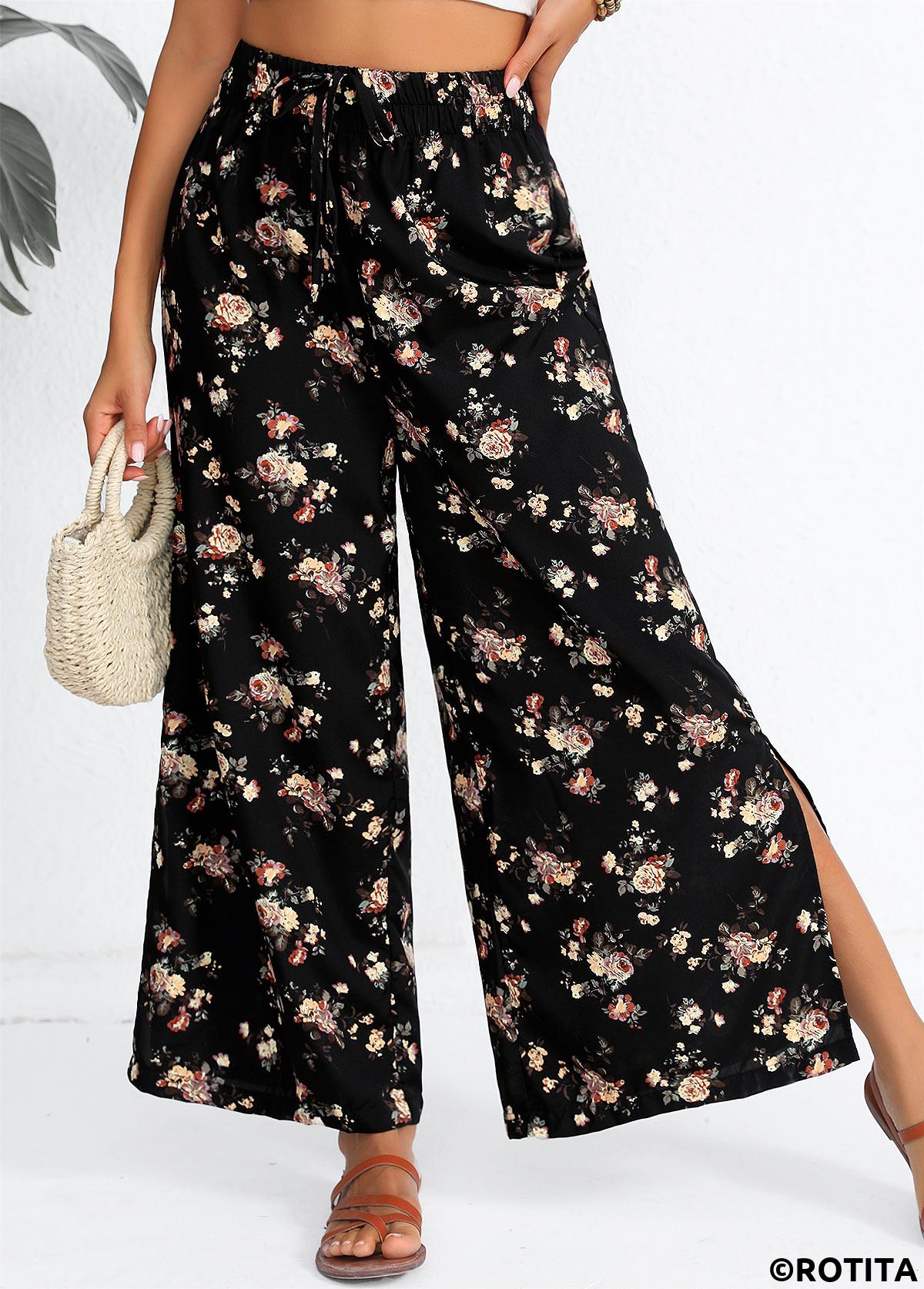 Black bottoms,Ditsy Floral bottoms,ROTITA Split Ditsy Floral Print Black Flare Leg Pants