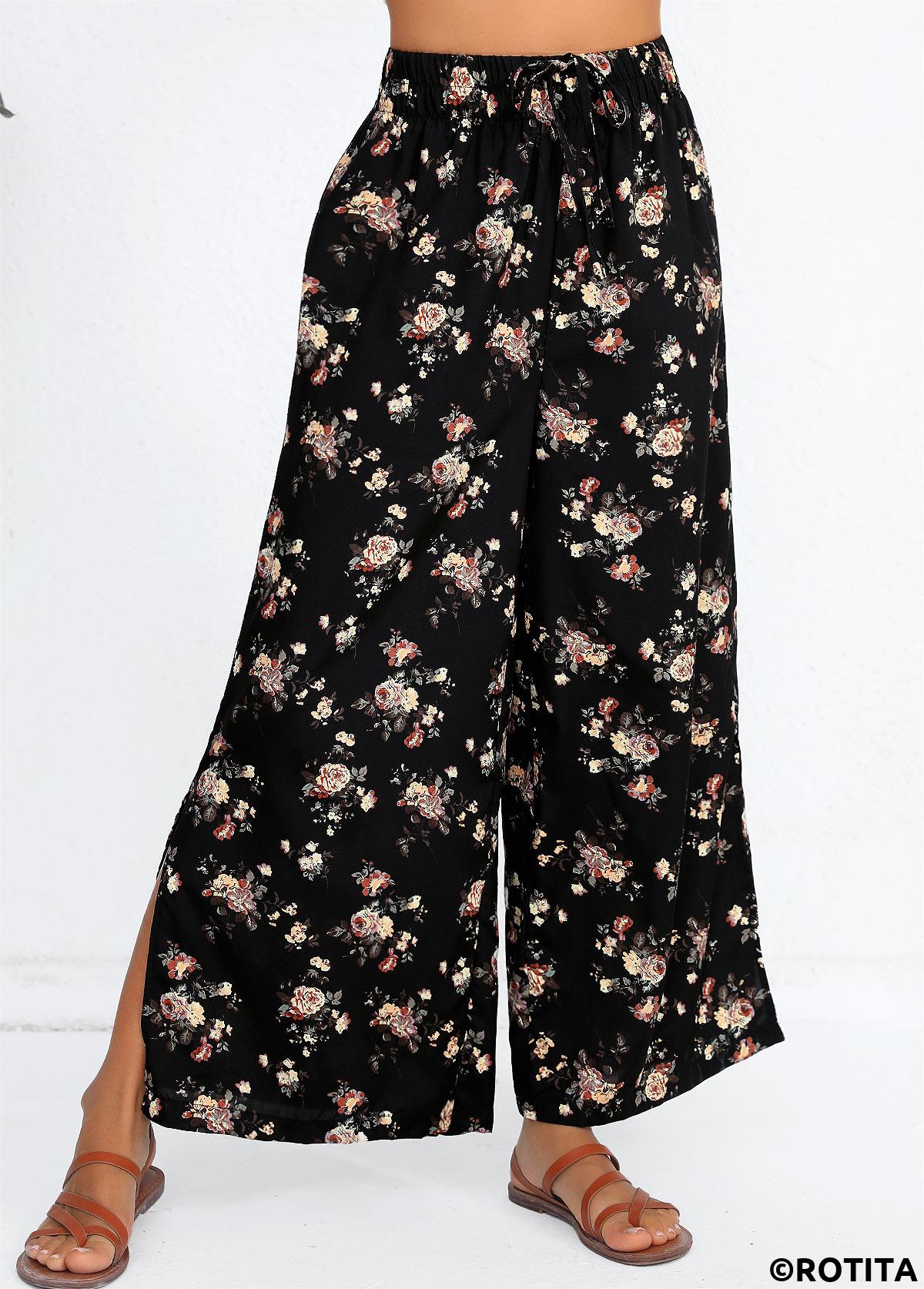 Black bottoms,Ditsy Floral bottoms,ROTITA Split Ditsy Floral Print Black Flare Leg Pants