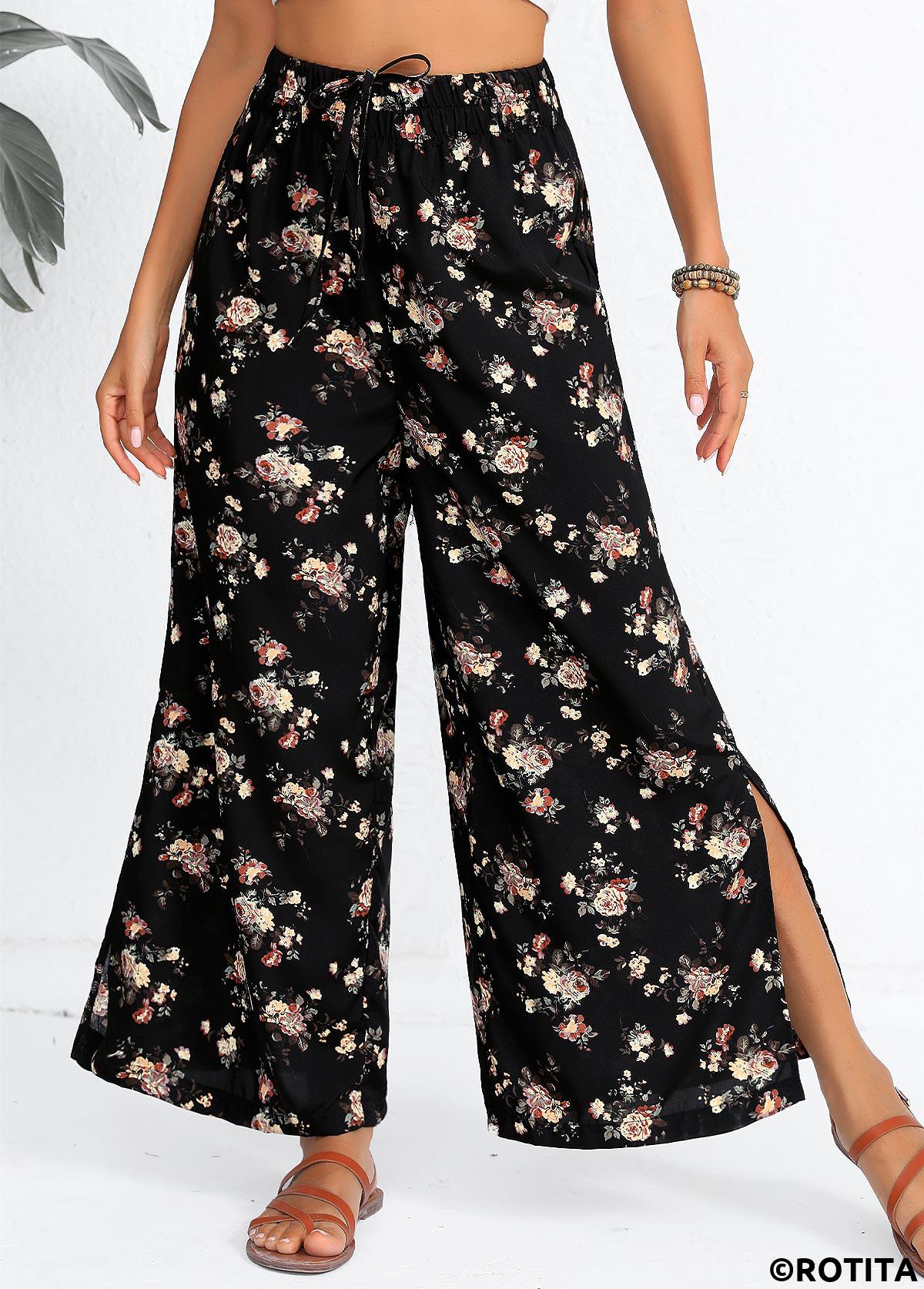 Black bottoms,Ditsy Floral bottoms,ROTITA Split Ditsy Floral Print Black Flare Leg Pants
