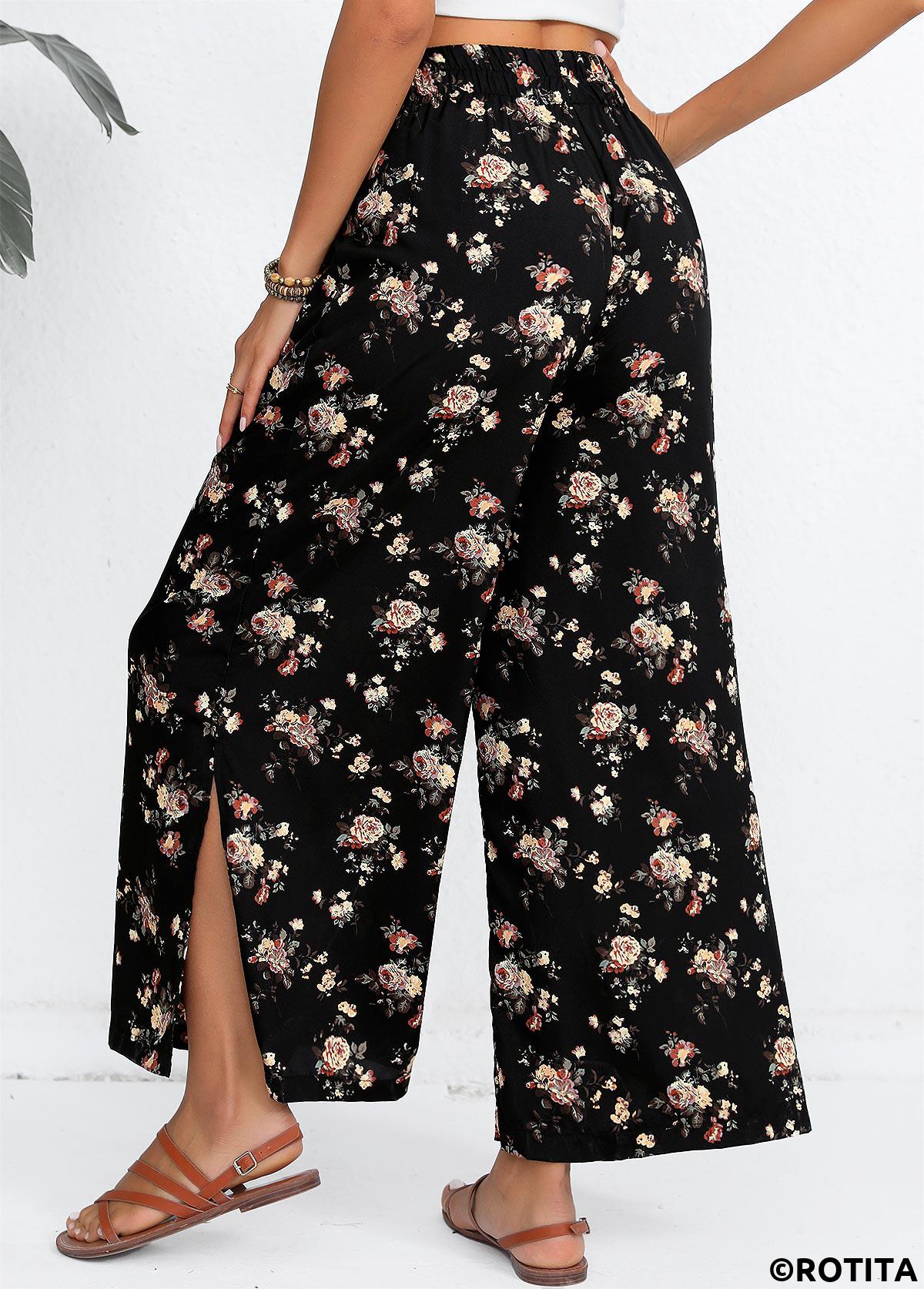 Black bottoms,Ditsy Floral bottoms,ROTITA Split Ditsy Floral Print Black Flare Leg Pants