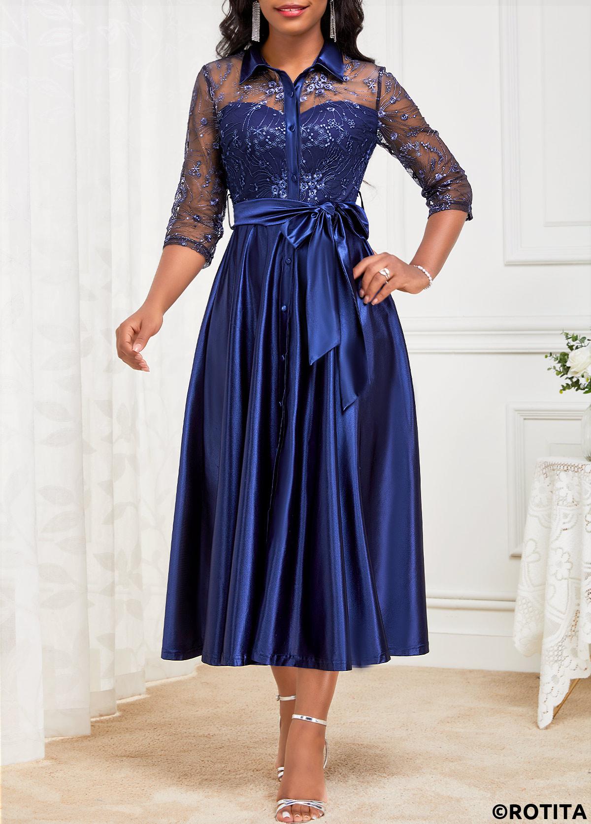 robe col chemise bleu marine ceinturée en dentelle rotita