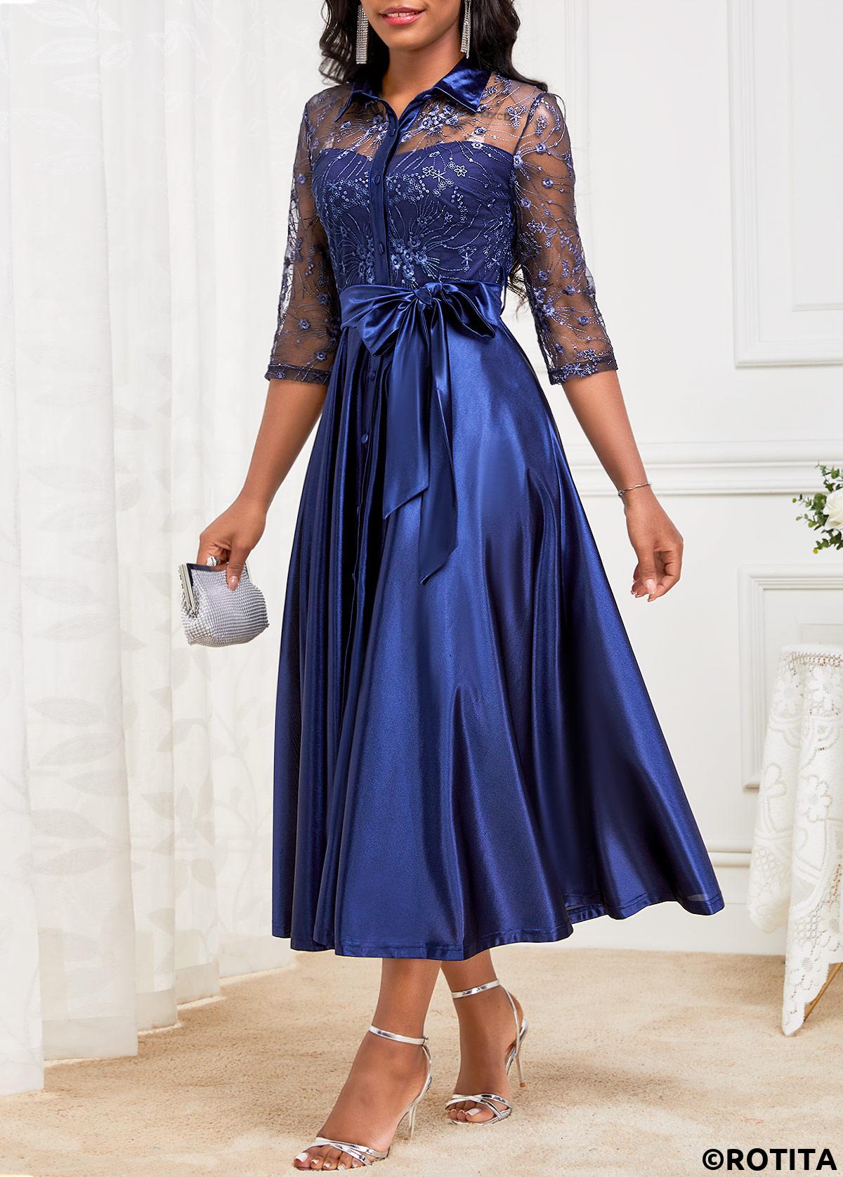 robe col chemise bleu marine ceinturée en dentelle rotita