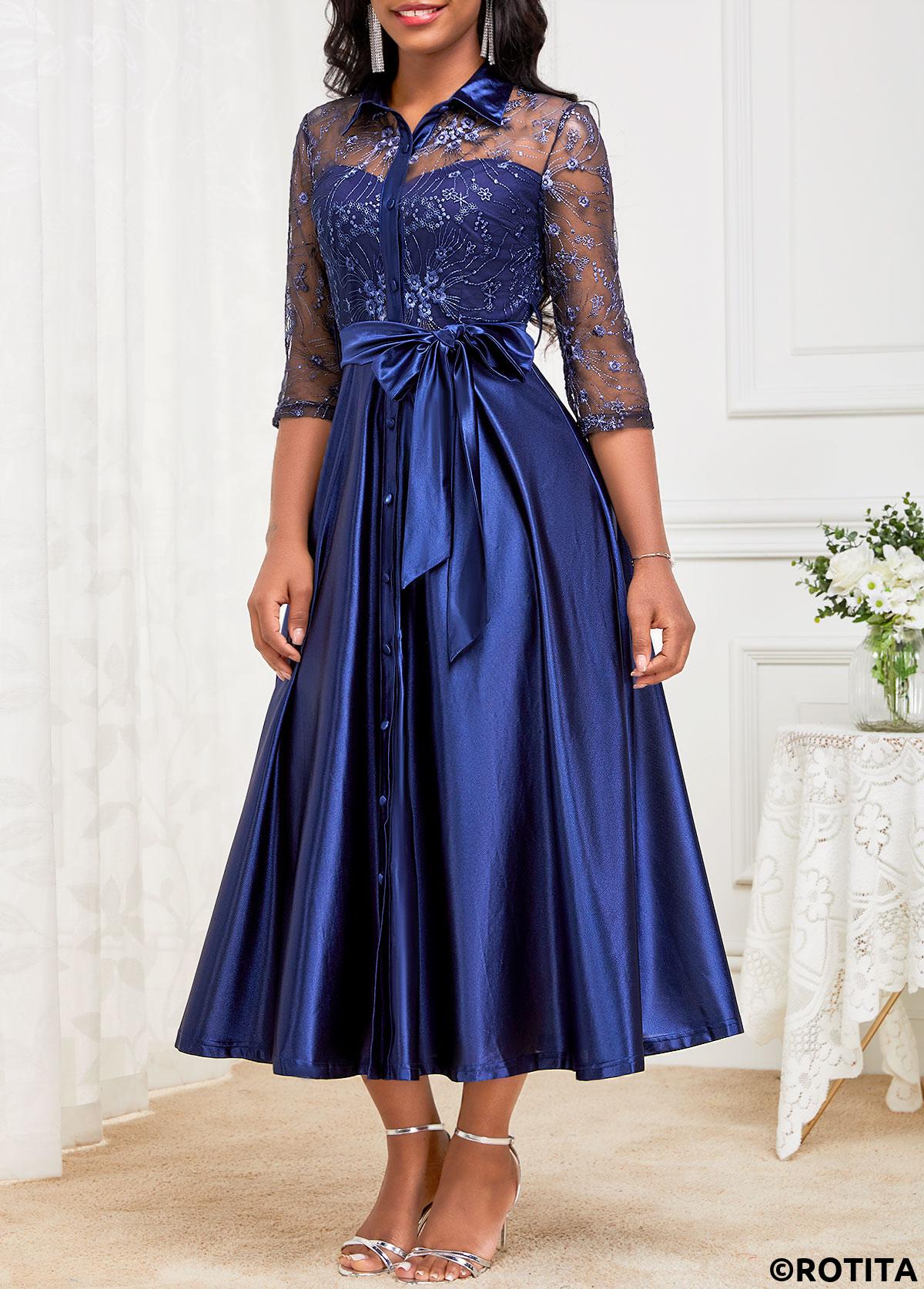 robe col chemise bleu marine ceinturée en dentelle rotita