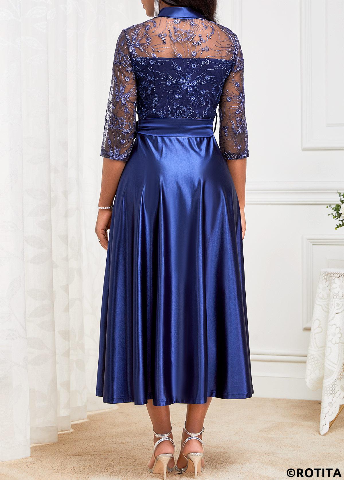 robe col chemise bleu marine ceinturée en dentelle rotita