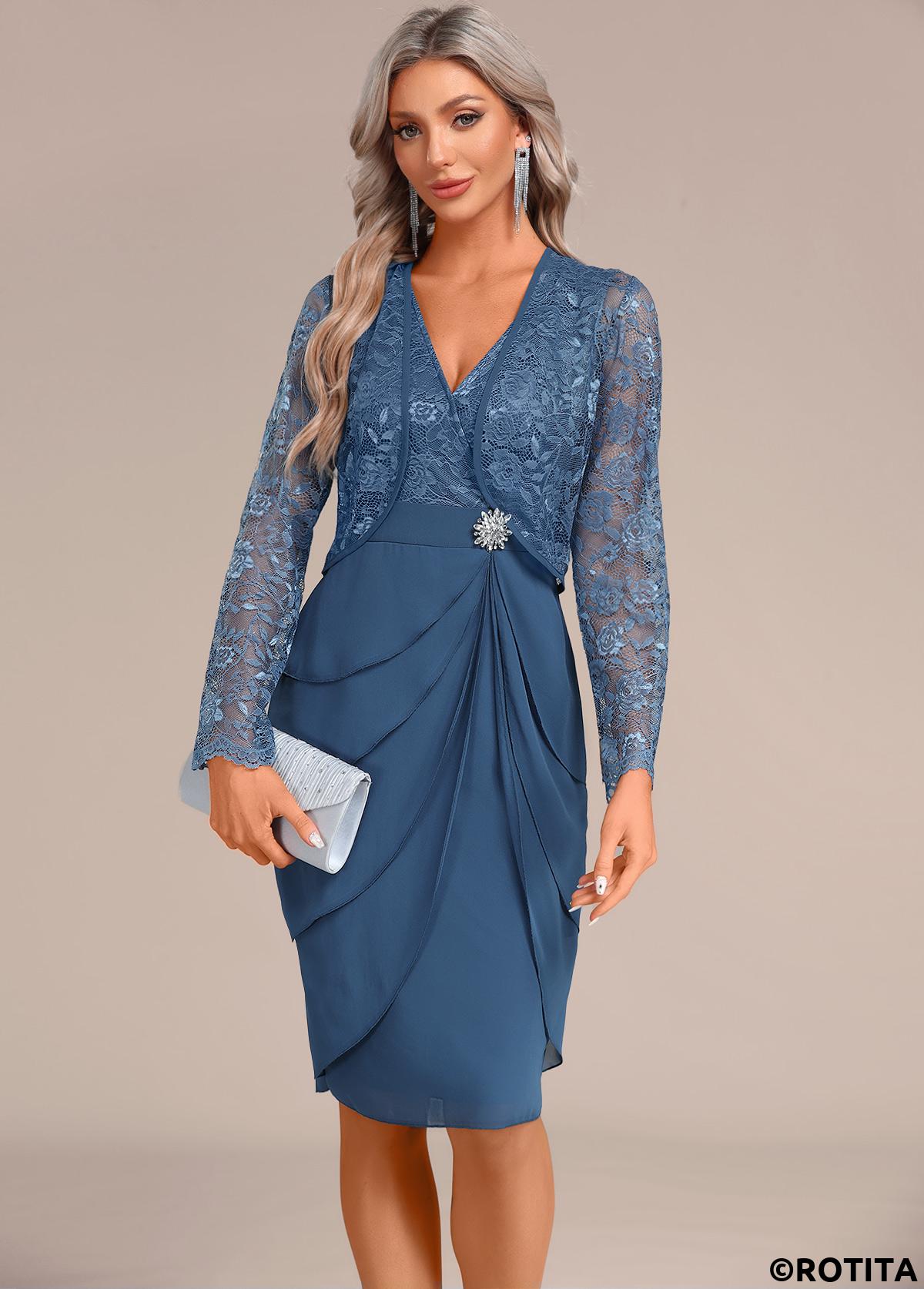 Peacock Blue dresses,Plain Color dresses,Party dresses,Elegant dresses,ROTITA Layered Two Piece Suit Peacock Blue Dress and Cardigan