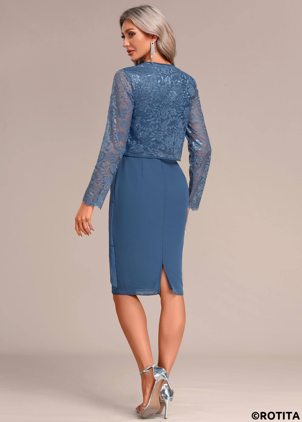 Peacock Blue dresses,Plain Color dresses,Party dresses,Elegant dresses,ROTITA Layered Two Piece Suit Peacock Blue Dress and Cardigan