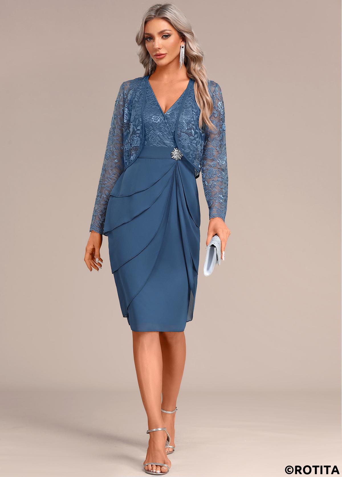 Peacock Blue dresses,Plain Color dresses,Party dresses,Elegant dresses,ROTITA Layered Two Piece Suit Peacock Blue Dress and Cardigan