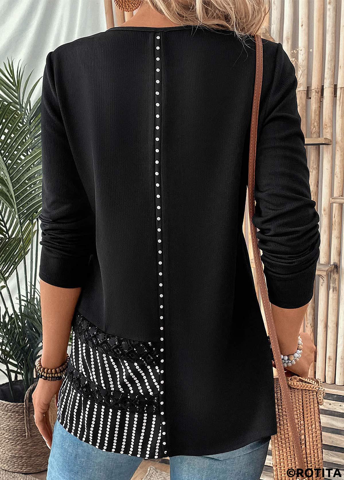 rotita patchwork rayé noir col rond t-shirt à manches longues