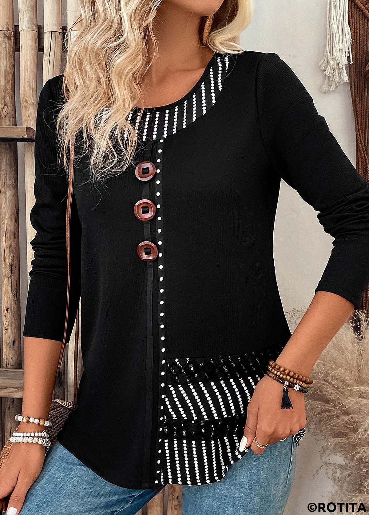 rotita patchwork rayé noir col rond t-shirt à manches longues