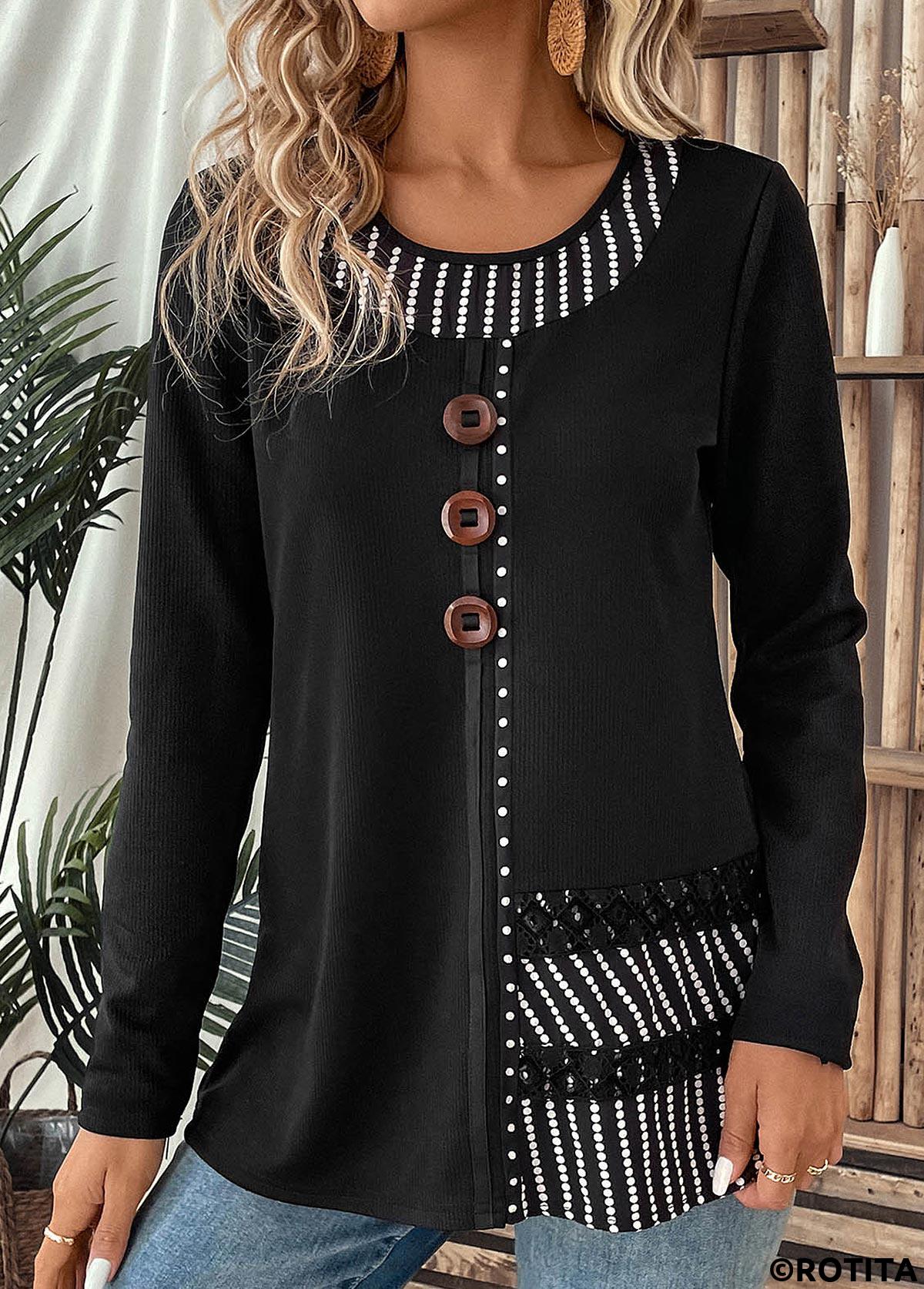 rotita patchwork rayé noir col rond t-shirt à manches longues