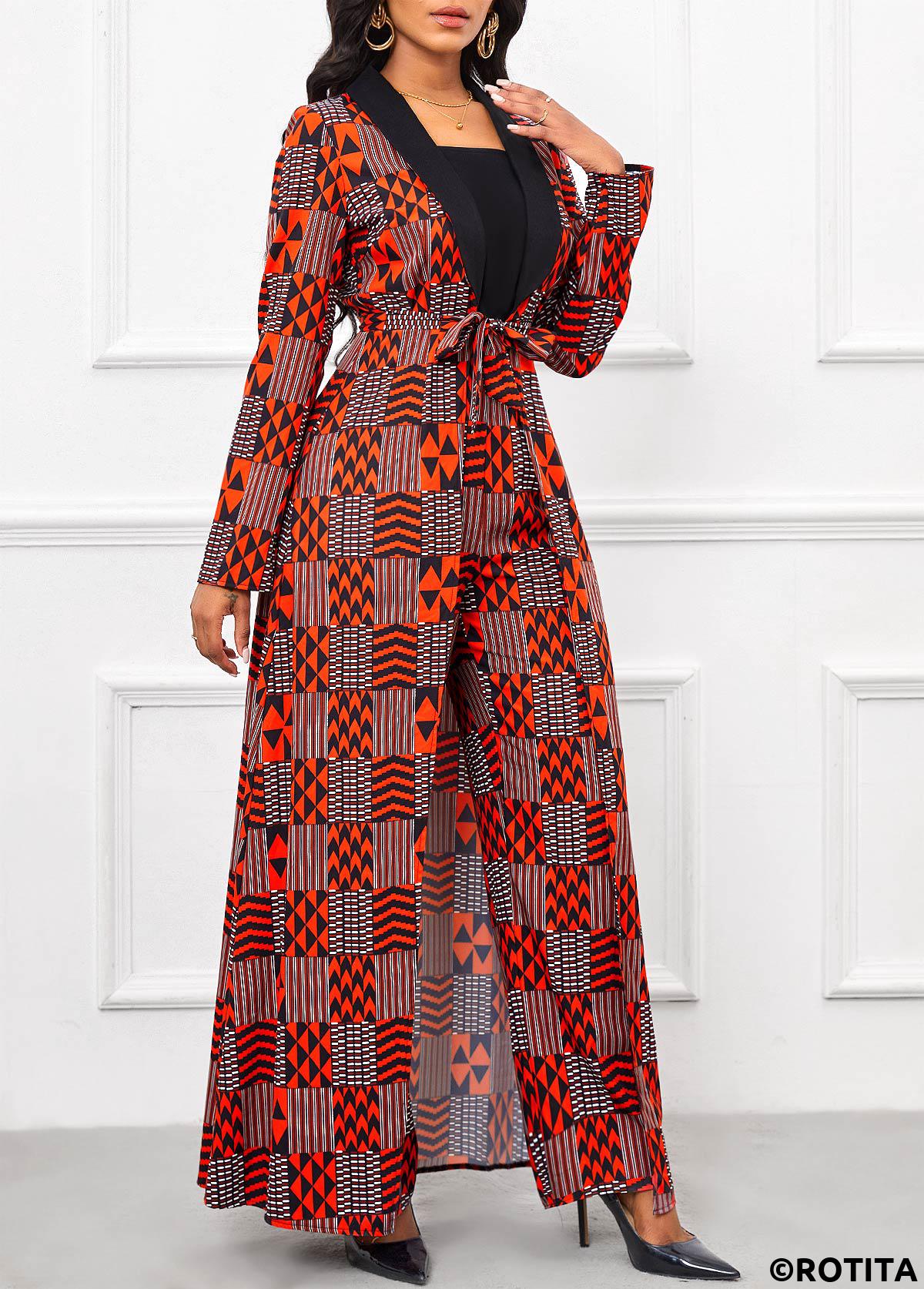 Red jumpsuits&rompers,Black jumpsuits&rompers,Geometric jumpsuits&rompers,Striped jumpsuits&rompers,Chevron jumpsuits&rompers,ROTITA Layered Geometric Print Red Belted Long Regular Jumpsuit