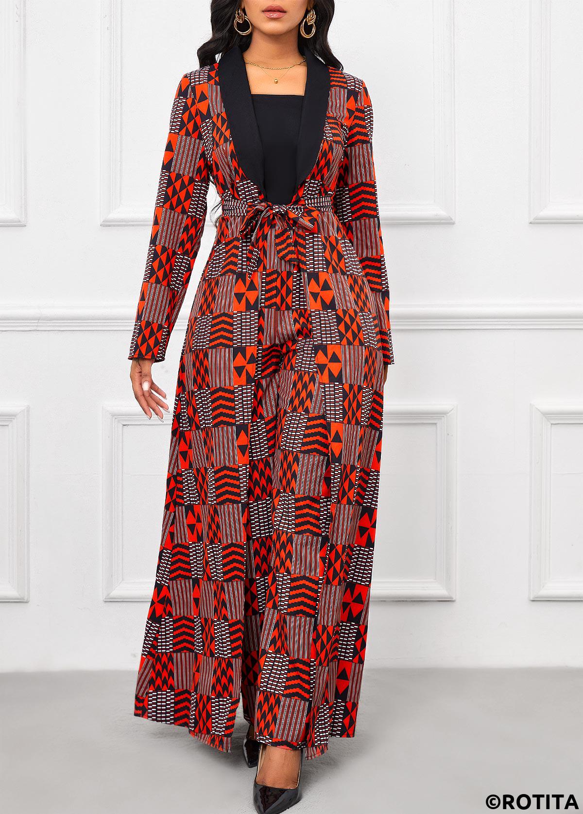 Red jumpsuits&rompers,Black jumpsuits&rompers,Geometric jumpsuits&rompers,Striped jumpsuits&rompers,Chevron jumpsuits&rompers,ROTITA Layered Geometric Print Red Belted Long Regular Jumpsuit