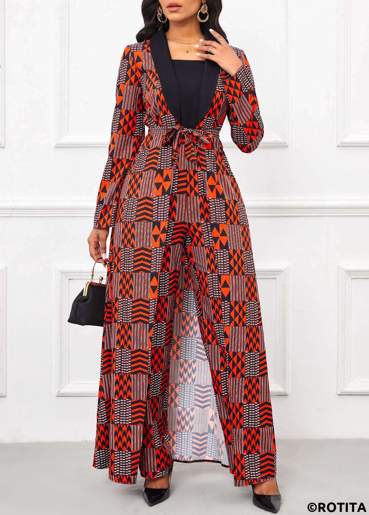 Red jumpsuits&rompers,Black jumpsuits&rompers,Geometric jumpsuits&rompers,Striped jumpsuits&rompers,Chevron jumpsuits&rompers,ROTITA Layered Geometric Print Red Belted Long Regular Jumpsuit