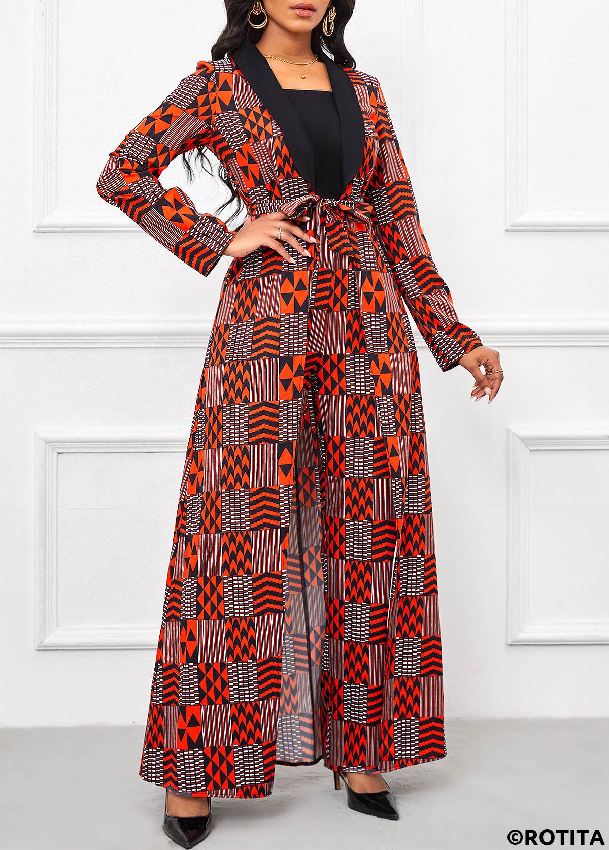 Red jumpsuits&rompers,Black jumpsuits&rompers,Geometric jumpsuits&rompers,Striped jumpsuits&rompers,Chevron jumpsuits&rompers,ROTITA Layered Geometric Print Red Belted Long Regular Jumpsuit