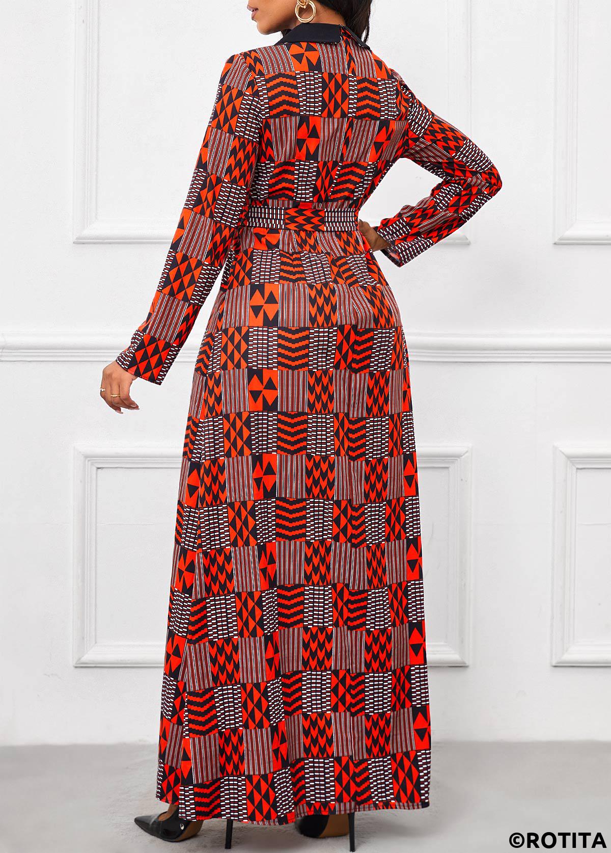 Red jumpsuits&rompers,Black jumpsuits&rompers,Geometric jumpsuits&rompers,Striped jumpsuits&rompers,Chevron jumpsuits&rompers,ROTITA Layered Geometric Print Red Belted Long Regular Jumpsuit