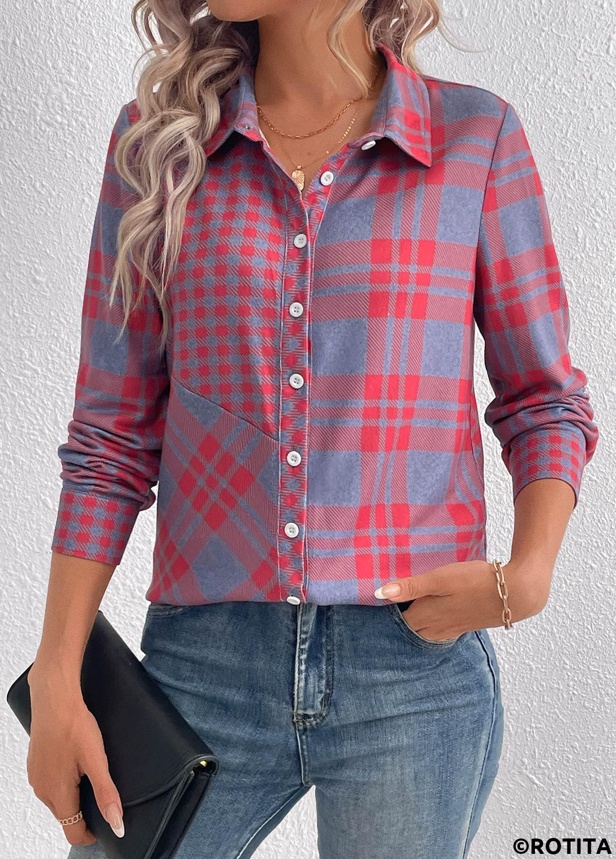 Red tops,Plaid tops,Geometric tops,Striped tops,ROTITA Button Plaid Red Shirt Collar Long Sleeve Blouse
