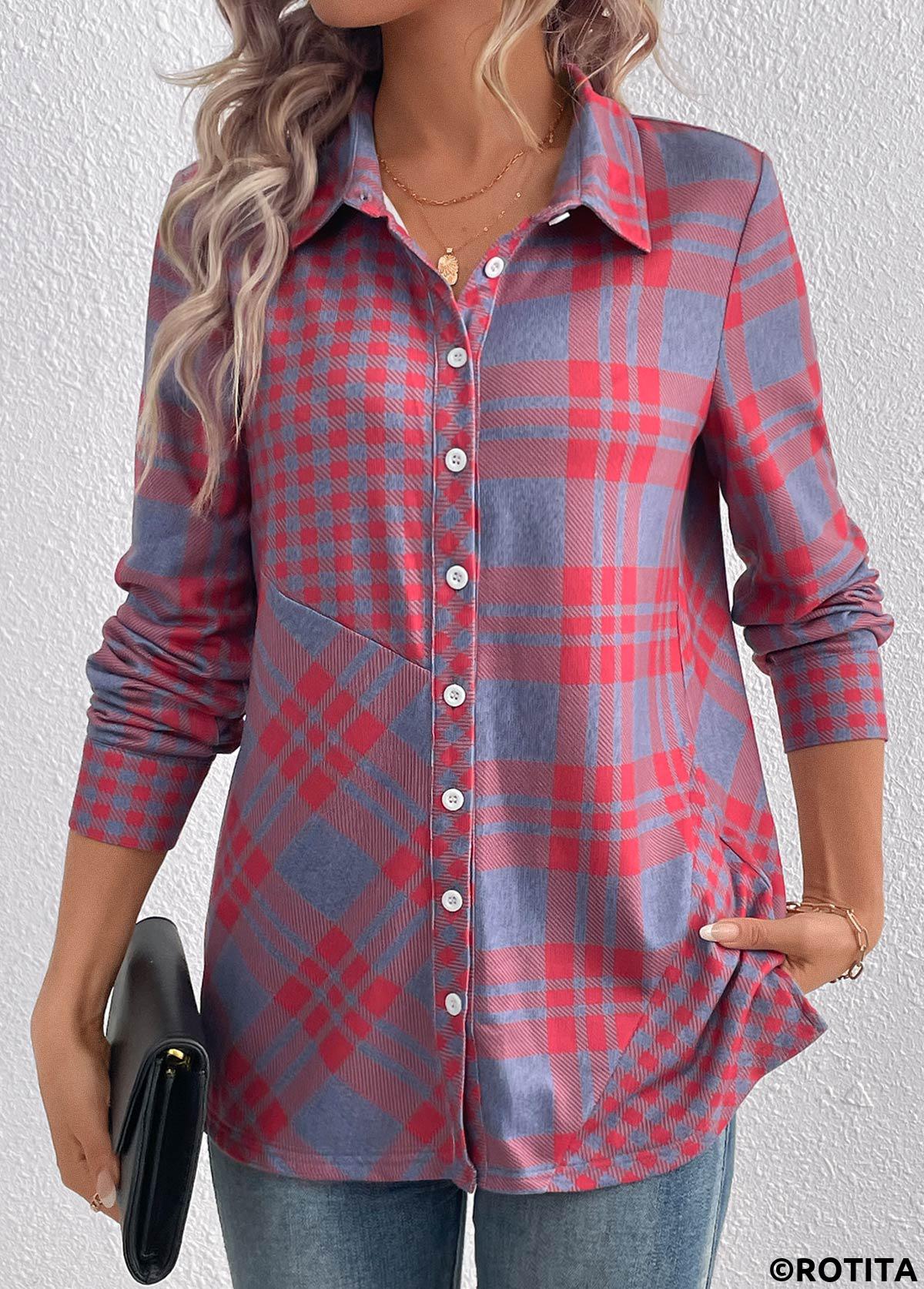 Red tops,Plaid tops,Geometric tops,Striped tops,ROTITA Button Plaid Red Shirt Collar Long Sleeve Blouse