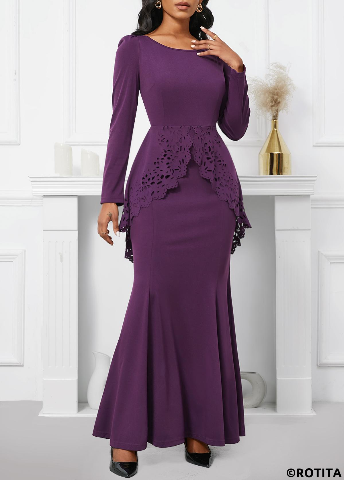Dark Reddish Purple dresses,Plain Color dresses,Party dresses,Elegant dresses,ROTITA Dark Reddish Purple Boat Neck Mermaid Maxi Bodycon Dress