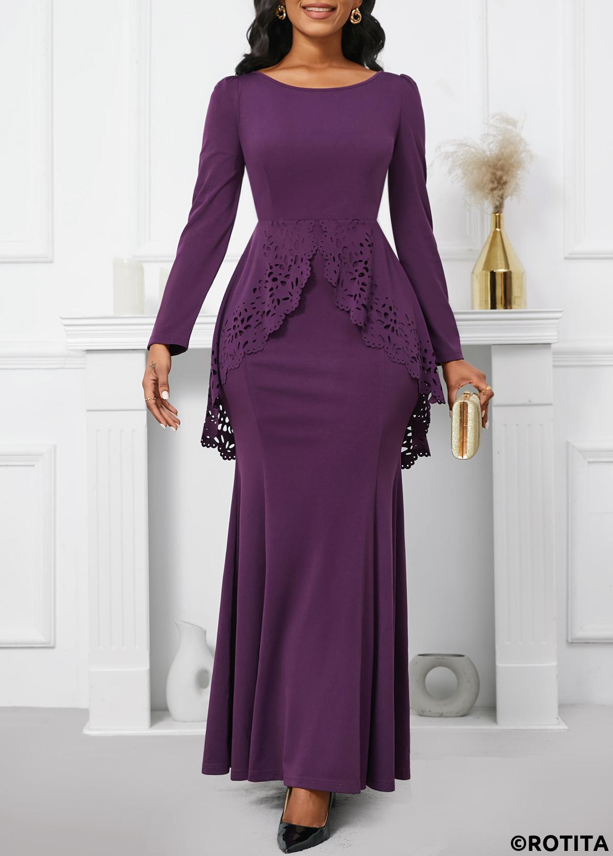 Dark Reddish Purple dresses,Plain Color dresses,Party dresses,Elegant dresses,ROTITA Dark Reddish Purple Boat Neck Mermaid Maxi Bodycon Dress