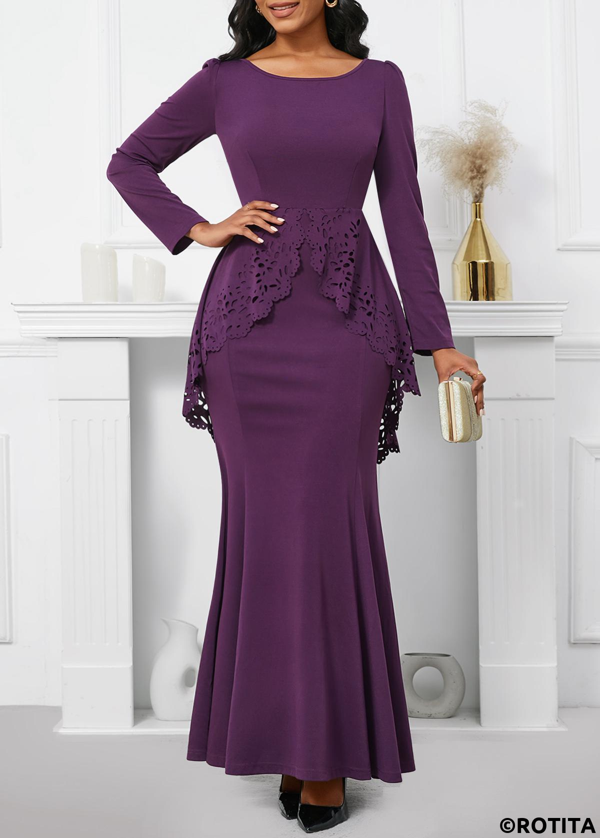 Dark Reddish Purple dresses,Plain Color dresses,Party dresses,Elegant dresses,ROTITA Dark Reddish Purple Boat Neck Mermaid Maxi Bodycon Dress