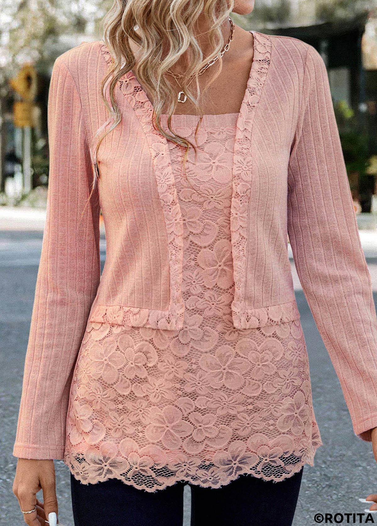 Dusty Pink tops,Plain Color tops,ROTITA Lace Dusty Pink Square Neck Long Sleeve Blouse
