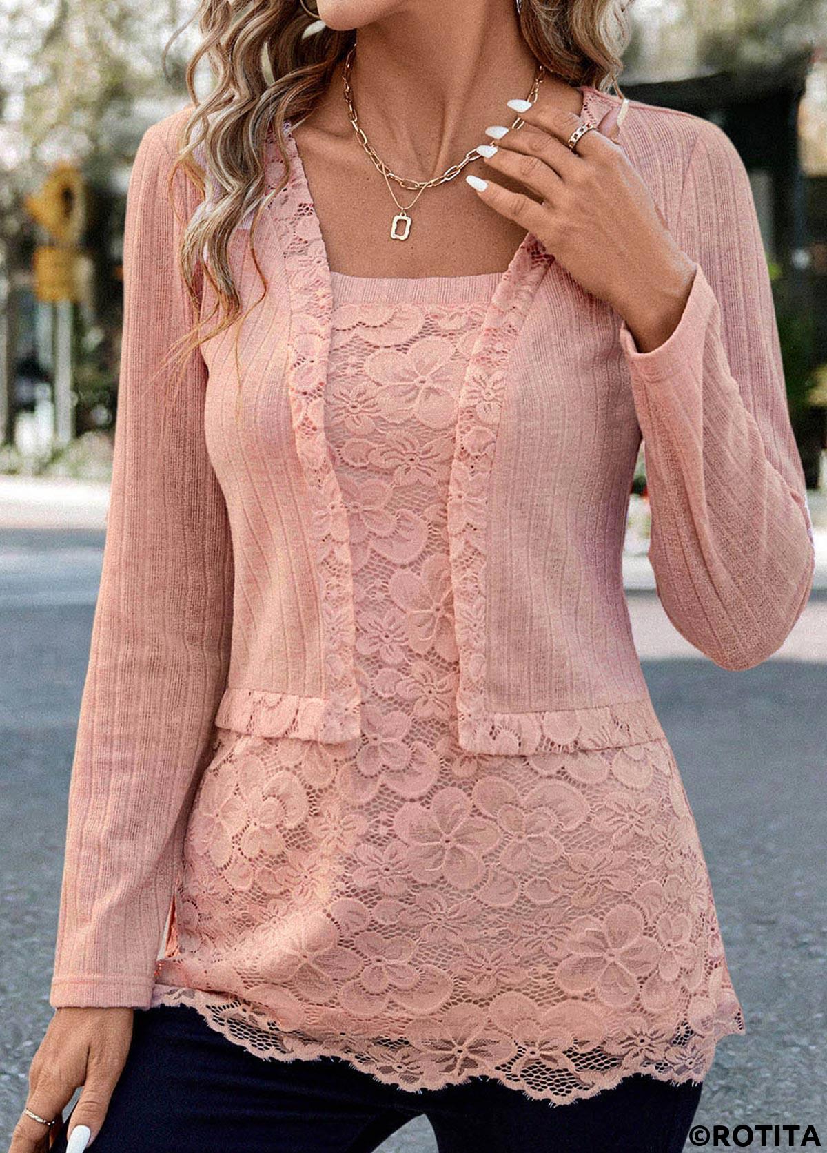 Dusty Pink tops,Plain Color tops,ROTITA Lace Dusty Pink Square Neck Long Sleeve Blouse