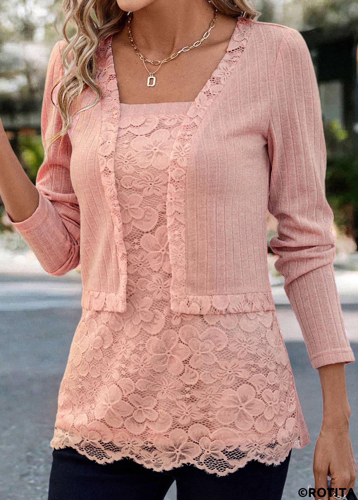 Dusty Pink tops,Plain Color tops,ROTITA Lace Dusty Pink Square Neck Long Sleeve Blouse