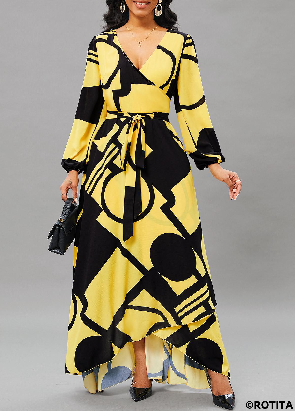 Rotita - Robe haute et basse jaune clair à imprimé géométrique et ourlet croisé