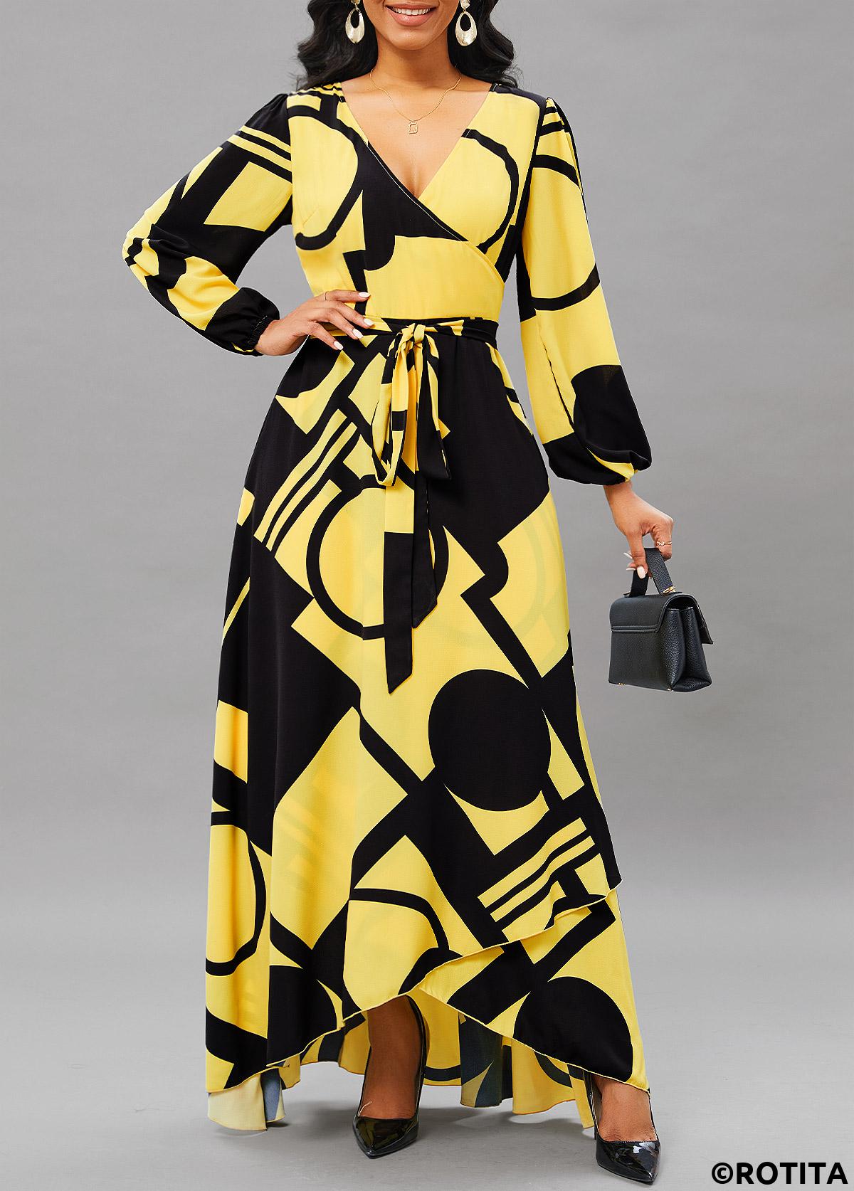 Rotita - Robe haute et basse jaune clair à imprimé géométrique et ourlet croisé