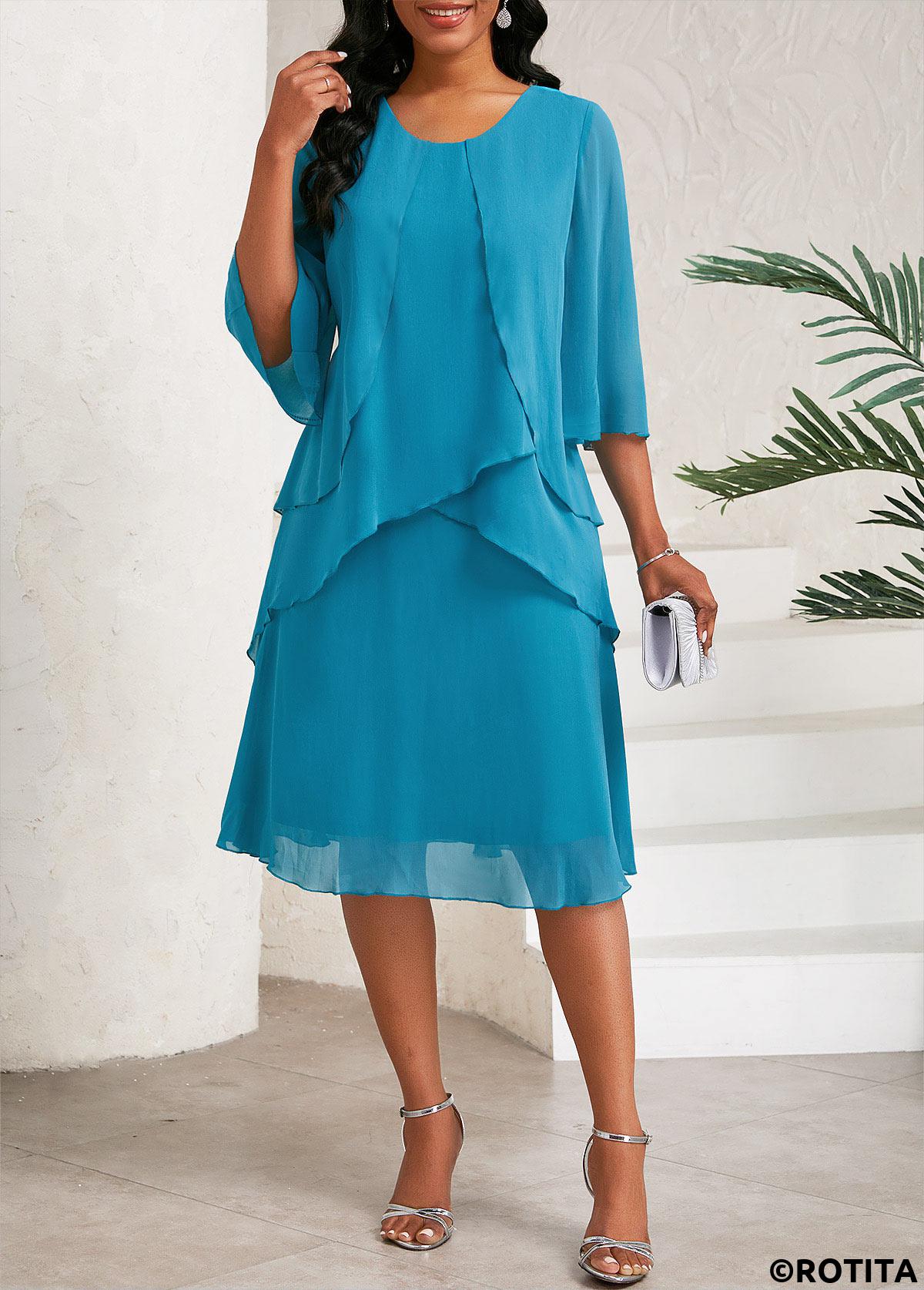 Sky Blue dresses,Plain Color dresses,Party dresses,Elegant dresses,ROTITA Layered Sky Blue A Line Round Neck Dress