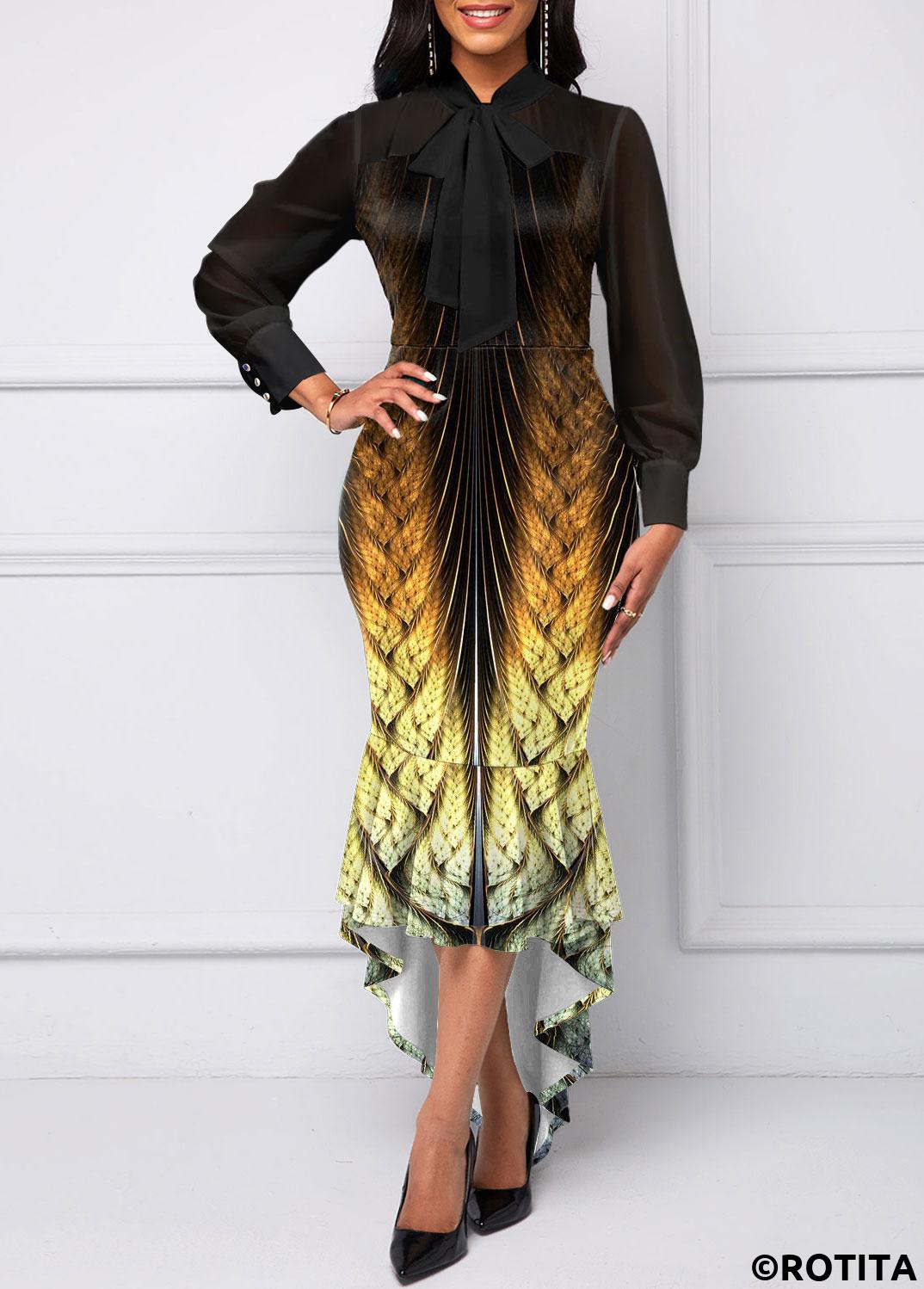 Black dresses,Tribal dresses,Animal Print dresses,Ombre dresses,Party dresses,Elegant dresses,ROTITA Mermaid Tribal Print Black High Low Bodycon Dress