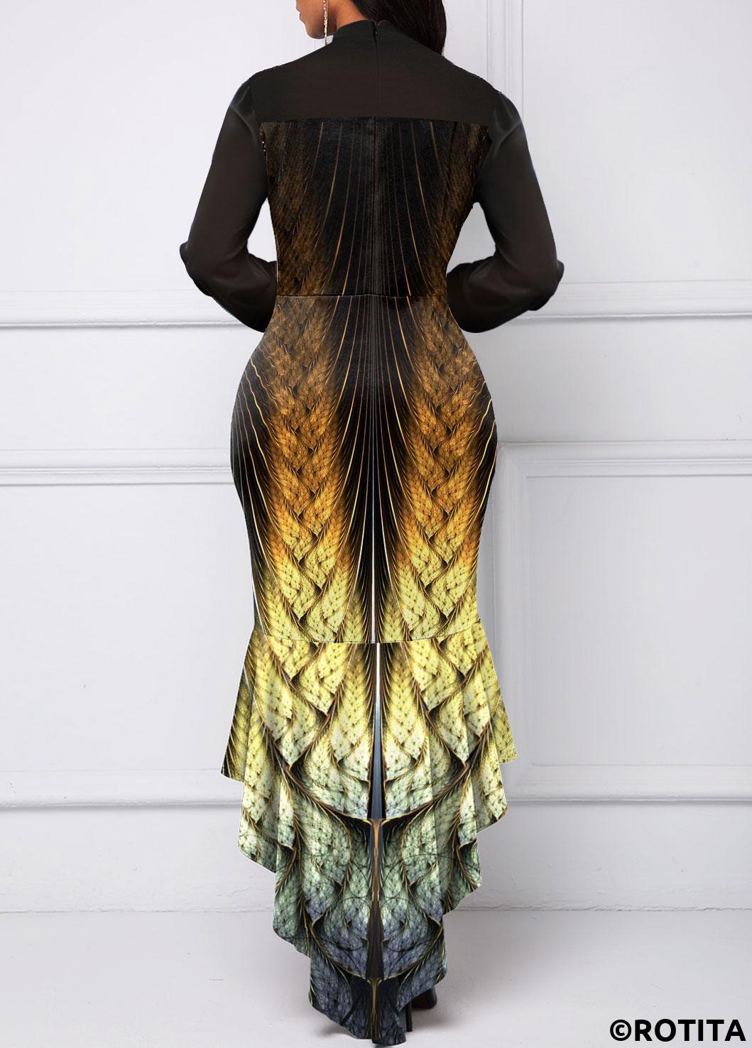 Black dresses,Tribal dresses,Animal Print dresses,Ombre dresses,Party dresses,Elegant dresses,ROTITA Mermaid Tribal Print Black High Low Bodycon Dress