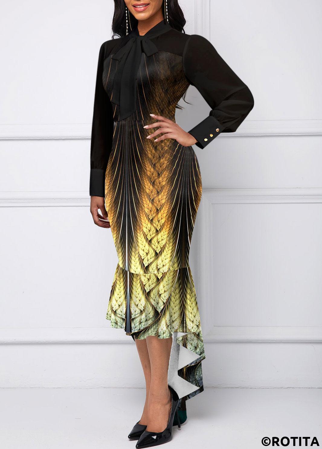 Black dresses,Tribal dresses,Animal Print dresses,Ombre dresses,Party dresses,Elegant dresses,ROTITA Mermaid Tribal Print Black High Low Bodycon Dress