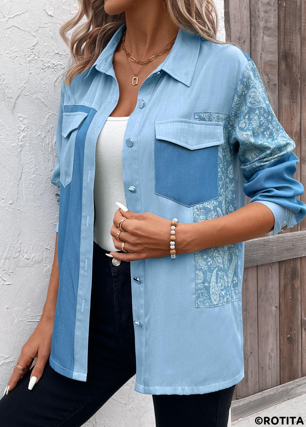 Blaue Hemdkragenbluse mit Patchwork-Paisley-Print von Rotita