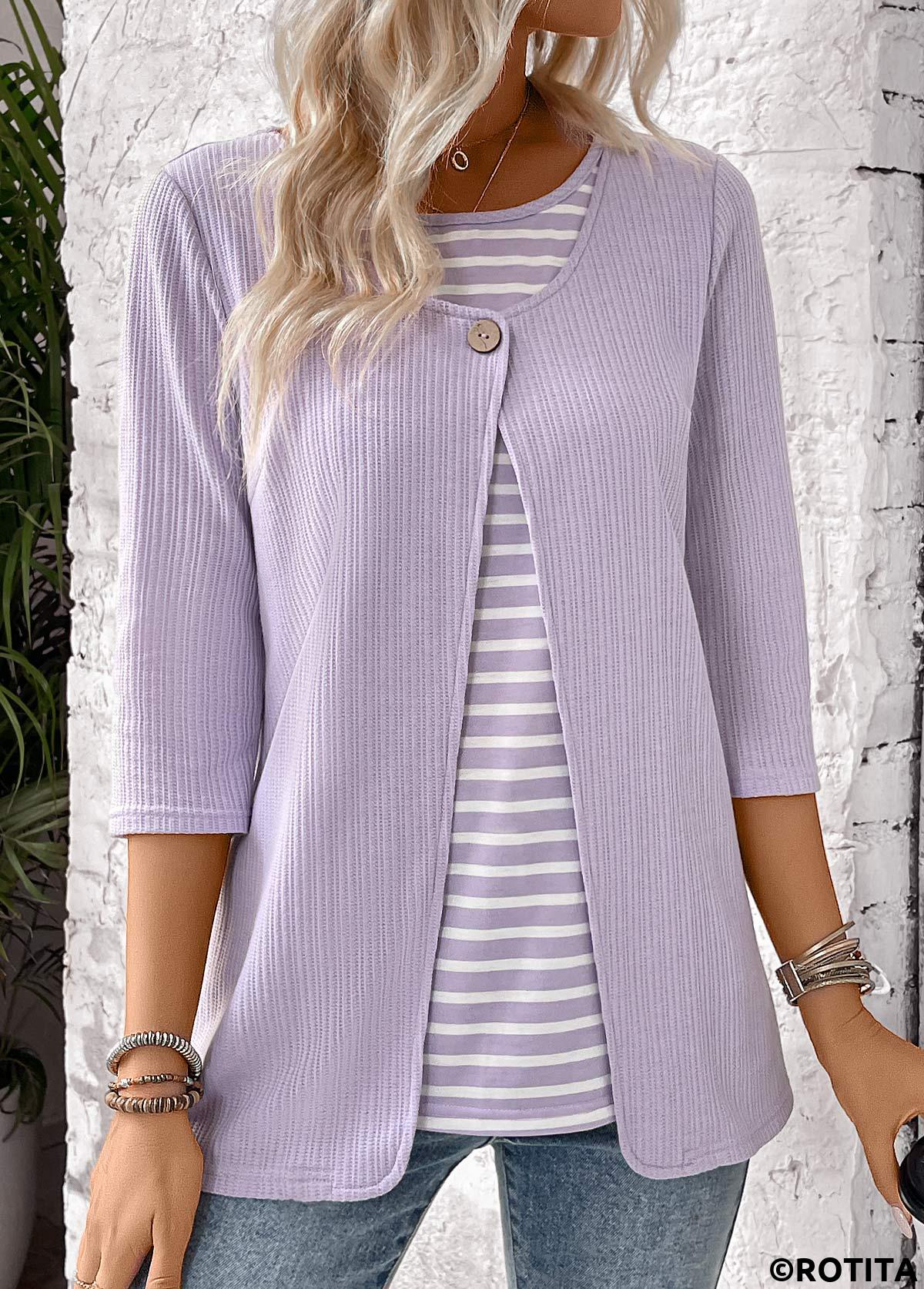 ROTITA Striped Light Purple Round Neck Fake Two Piece Twinset