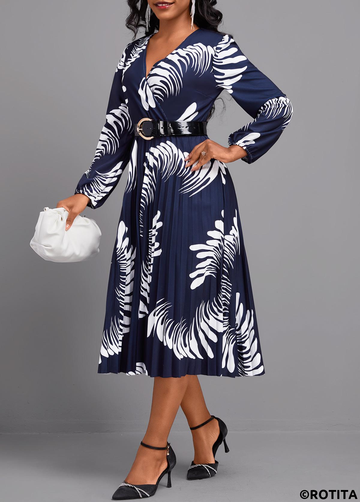 Navy dresses,Graphic dresses,Party dresses,Elegant dresses,ROTITA Pleated Graffiti Print Navy V Neck Long Sleeve Dress