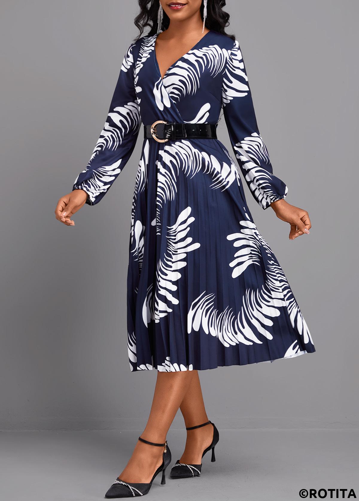 Navy dresses,Graphic dresses,Party dresses,Elegant dresses,ROTITA Pleated Graffiti Print Navy V Neck Long Sleeve Dress