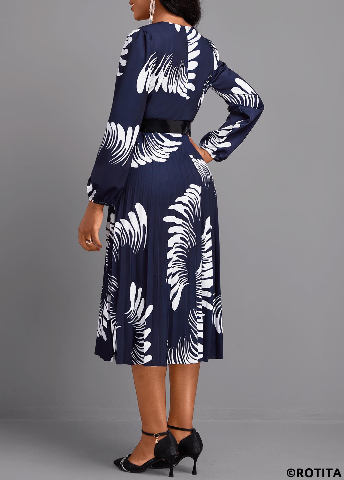 Navy dresses,Graphic dresses,Party dresses,Elegant dresses,ROTITA Pleated Graffiti Print Navy V Neck Long Sleeve Dress