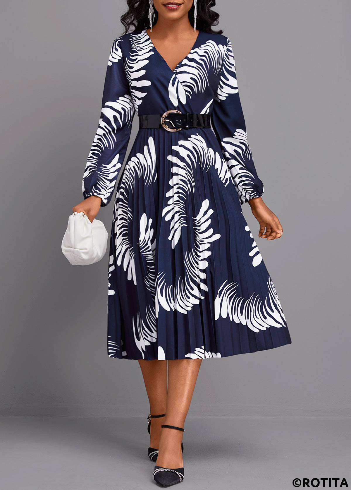 Navy dresses,Graphic dresses,Party dresses,Elegant dresses,ROTITA Pleated Graffiti Print Navy V Neck Long Sleeve Dress